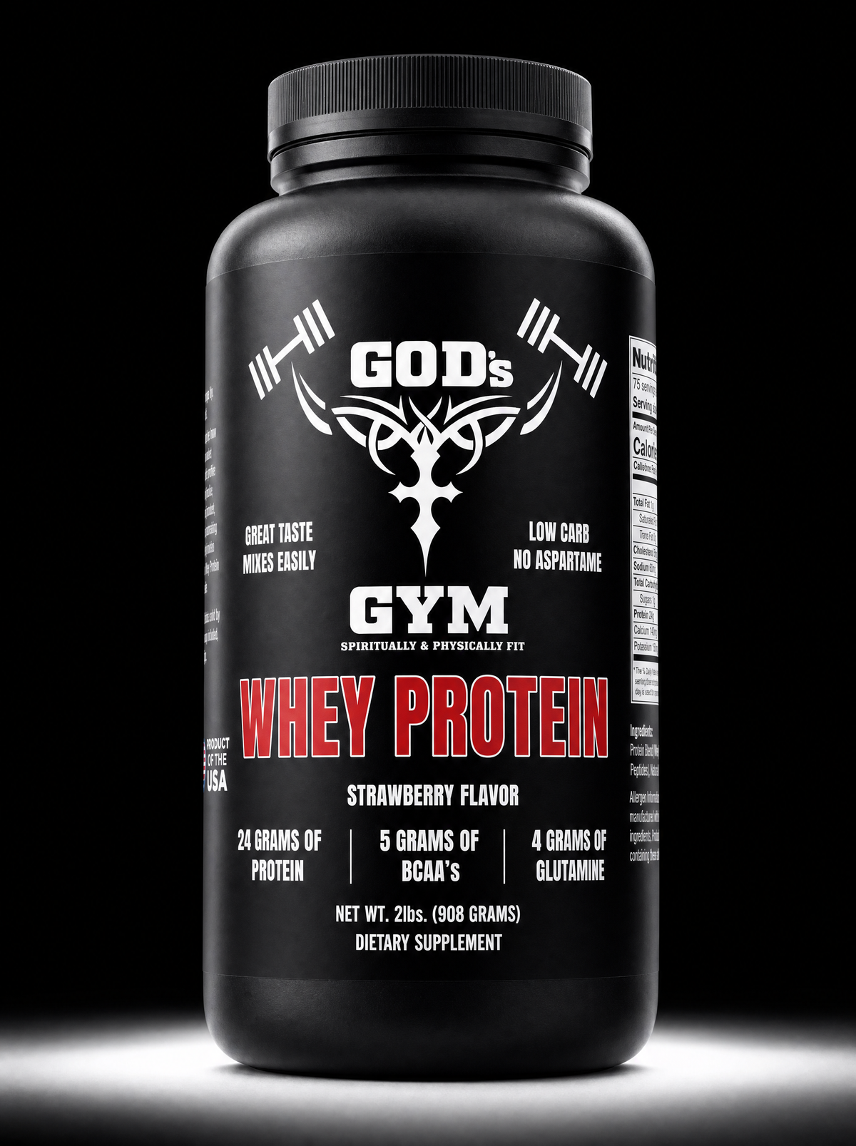God's Gym Strawberry Whey Protein tub
