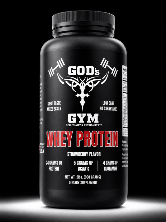 God's Gym Strawberry Whey Protein tub
